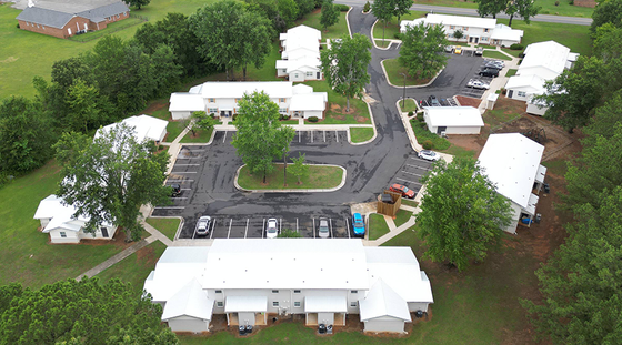 Property wide Aerial view of The Savoy Apartments community, located in Cartersville, GA